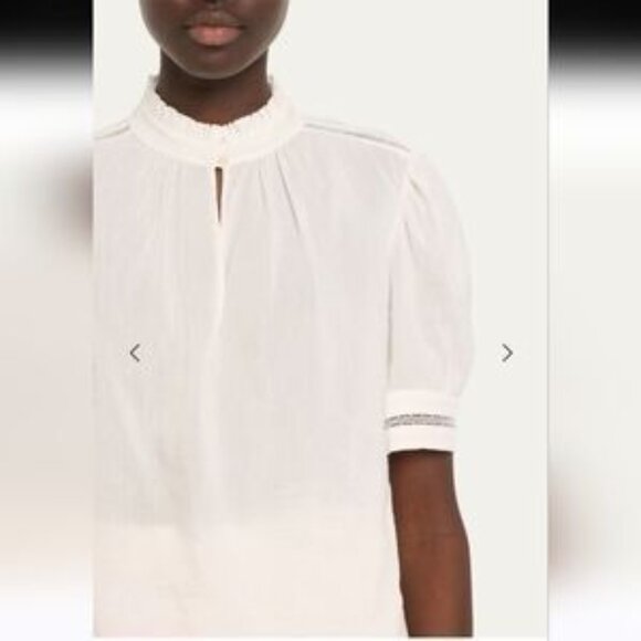 Frame White Linen Blend Short Sleeve Inset Lace Ruffle Collar Top  NWOT Sz Large - Picture 6 of 8